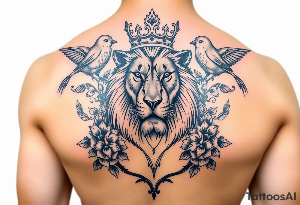 powerful majestic lion with a crown, surrounded by floral ornaments and birds tattoo idea