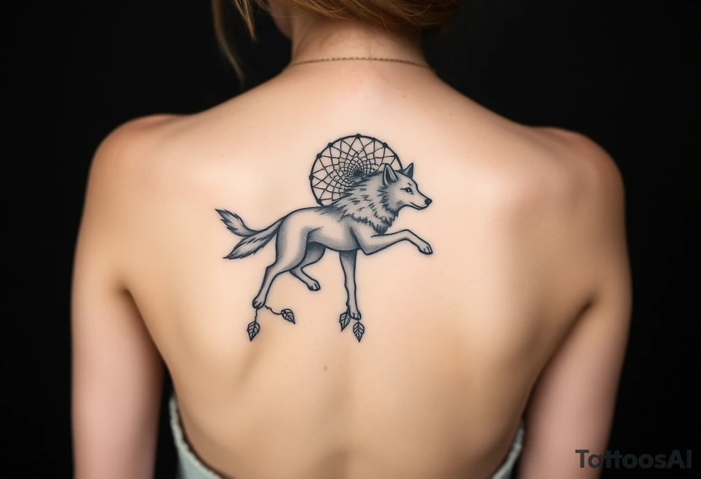 A wolf running through the woods, with dreamcatcher rings behind it tattoo idea