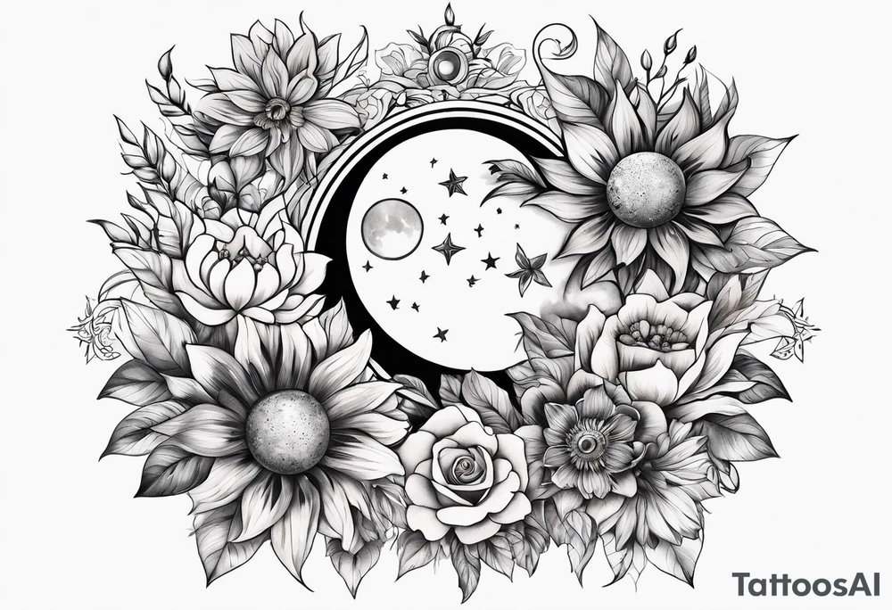 Floral sun and moon tattoo idea