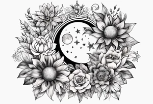 Floral sun and moon tattoo idea