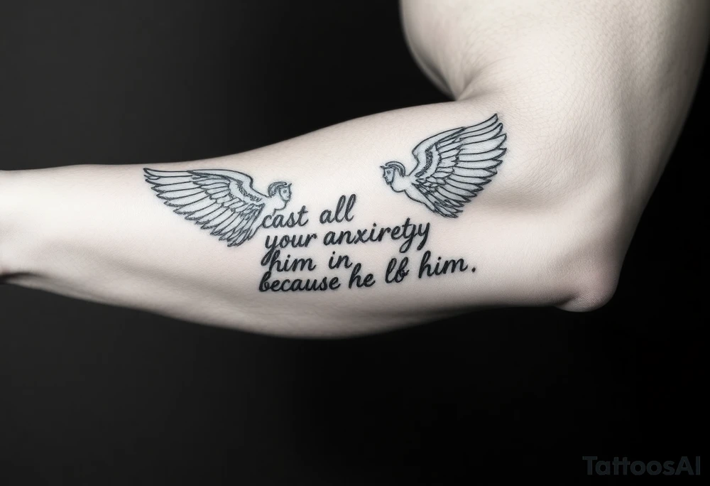 cast all your anxiety on him because he cares for you" with angels tattoo idea