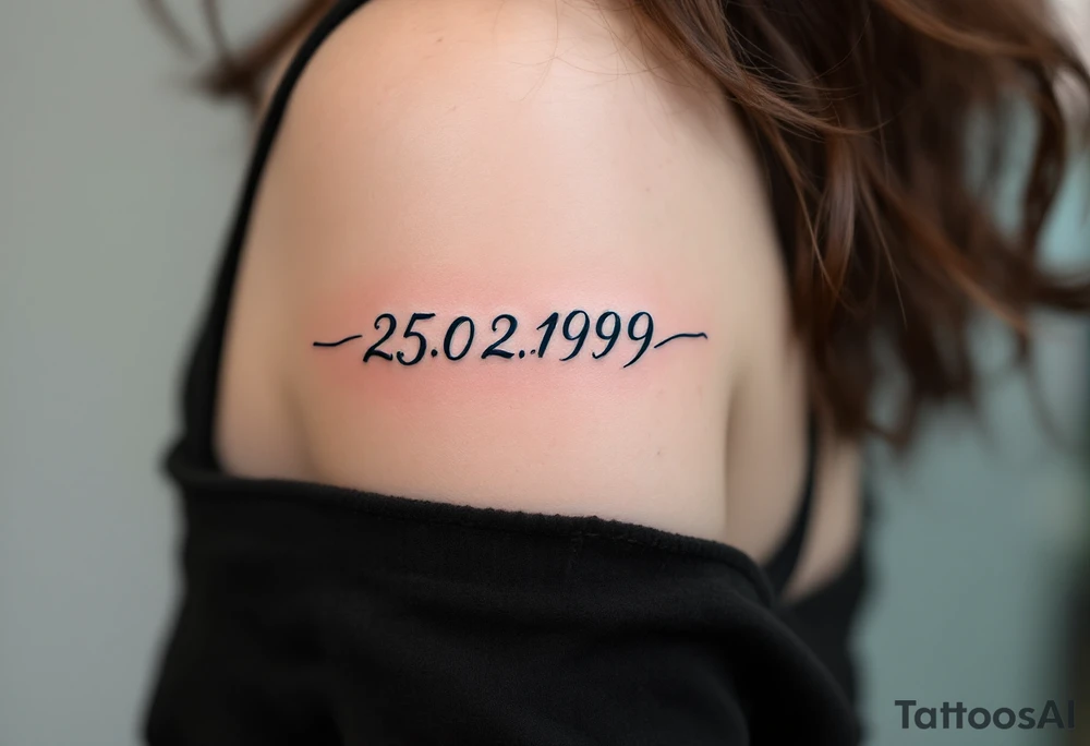 Cursive date 25.02.1999 flowing along the spine in cool gray with a hint of icy blue. tattoo idea