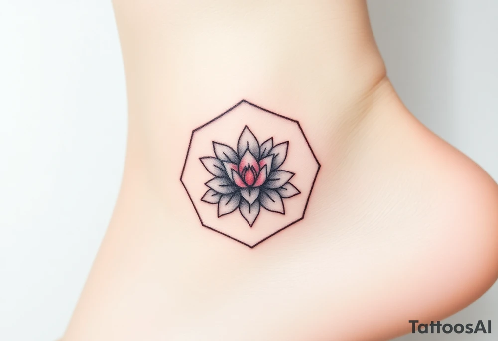 Faint Hexagon with Leo, larkspur and water lilies in the center tattoo idea