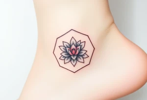 Faint Hexagon with Leo, larkspur and water lilies in the center tattoo idea