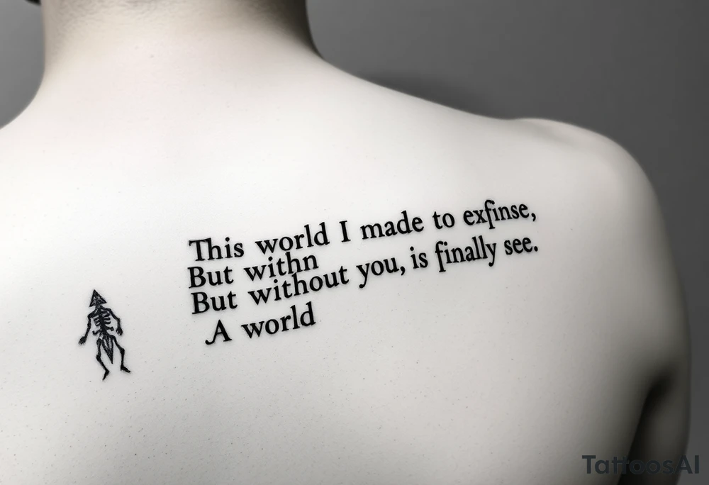 An upper arm tattoo for a man in the style of Ryan Ashley Malarkey with the lyrics, "In this world I made to be infinite
But within the expanse, I finally see
A world without you isn't meant for me", from the band Lorna Shore with their dark forest imagery and aesthetics. tattoo idea