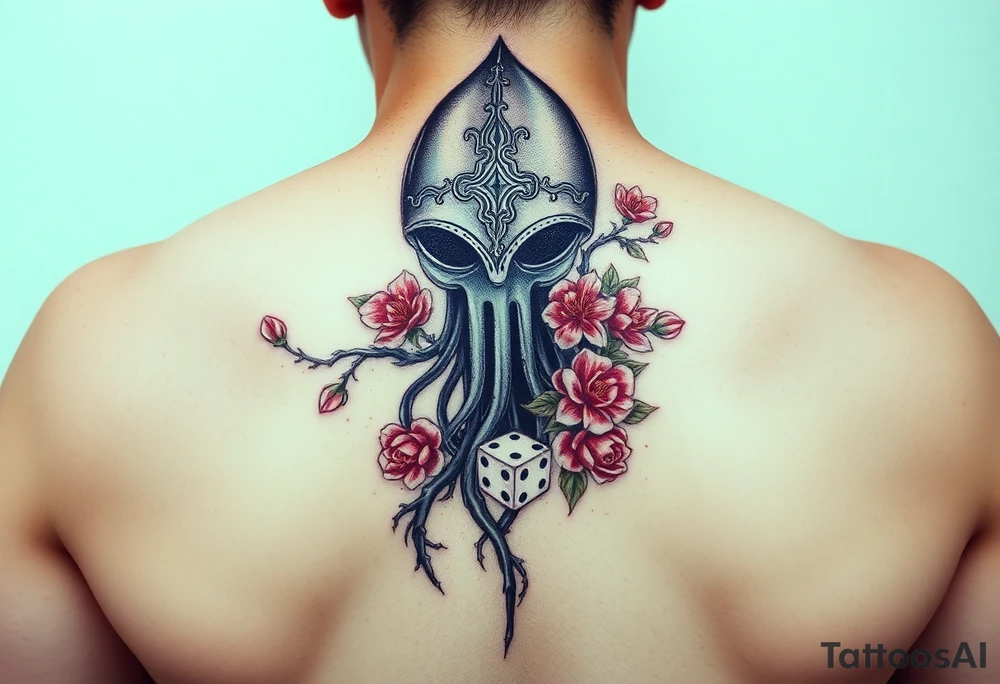 squid knight helmet combined with tree roots, cherry blossoms and roses rolling dice tattoo idea