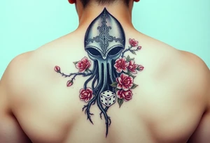 squid knight helmet combined with tree roots, cherry blossoms and roses rolling dice tattoo idea
