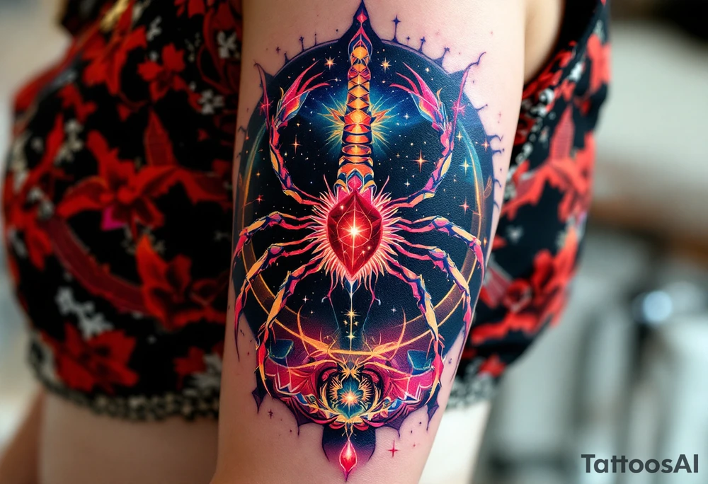 The ruby-bright heart of Antares pulses from Scorpius star constellation, the sky's crimson-clad arachnid warrior. tattoo idea
