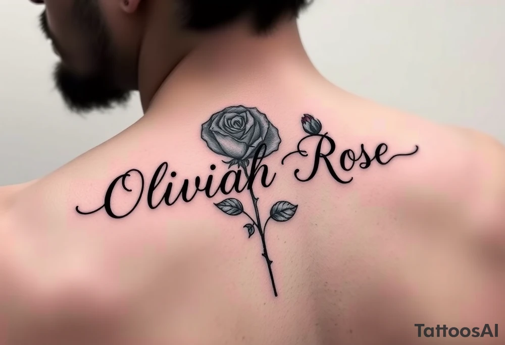 The name Oliviah Rose written as the rose stem tattoo idea
