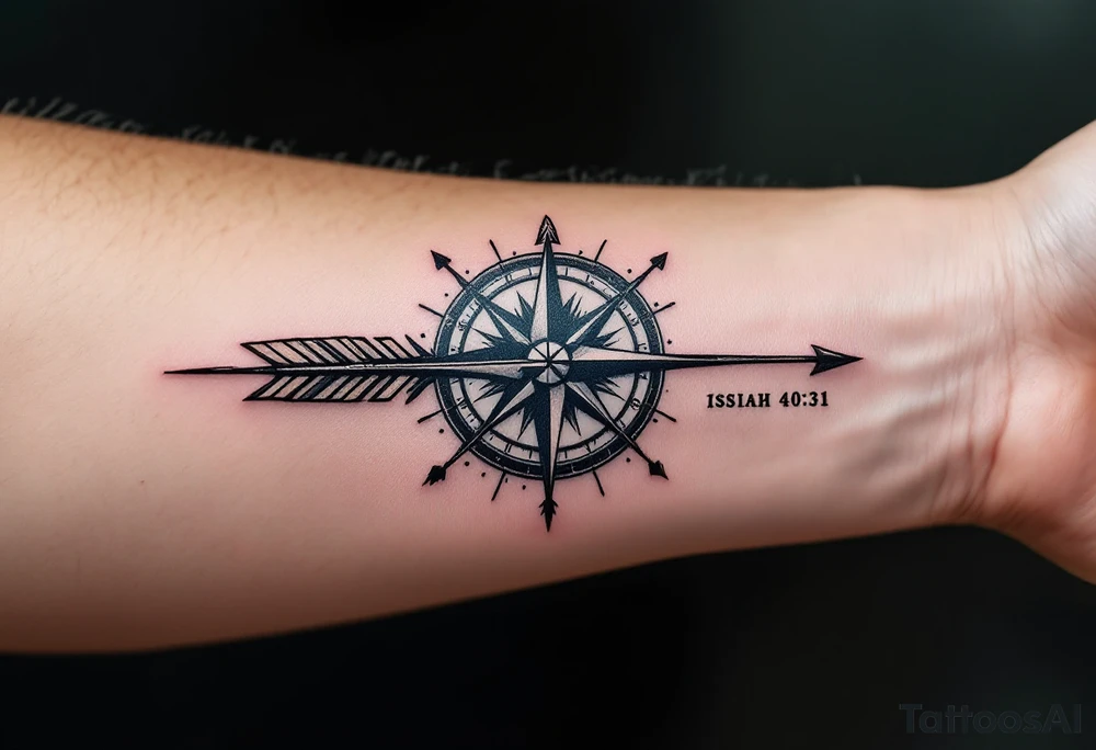 Rustic half compass with a long native American arrow pointing at my wrist with the words “True North” and says "Isaiah 40:31" tattoo idea