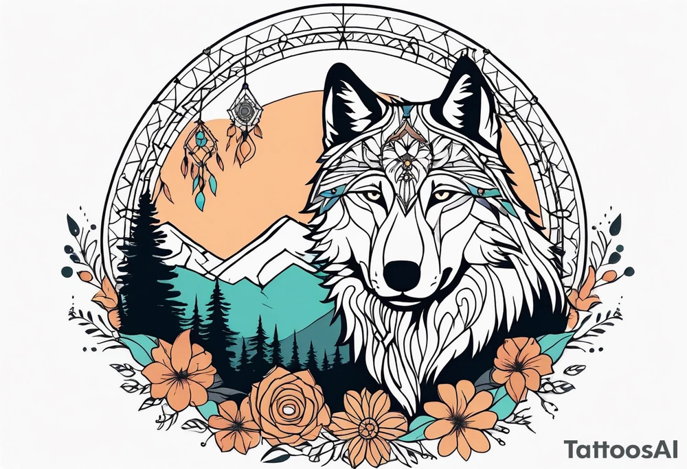 A whimsical wolf tattoo featuring mandala or dream catcher elements, with the wolf as the central focus, surrounded by mountains in the background. Include flowers and nature elements to fill the space around the wolf. Some color but not completely solid bold color tattoo idea