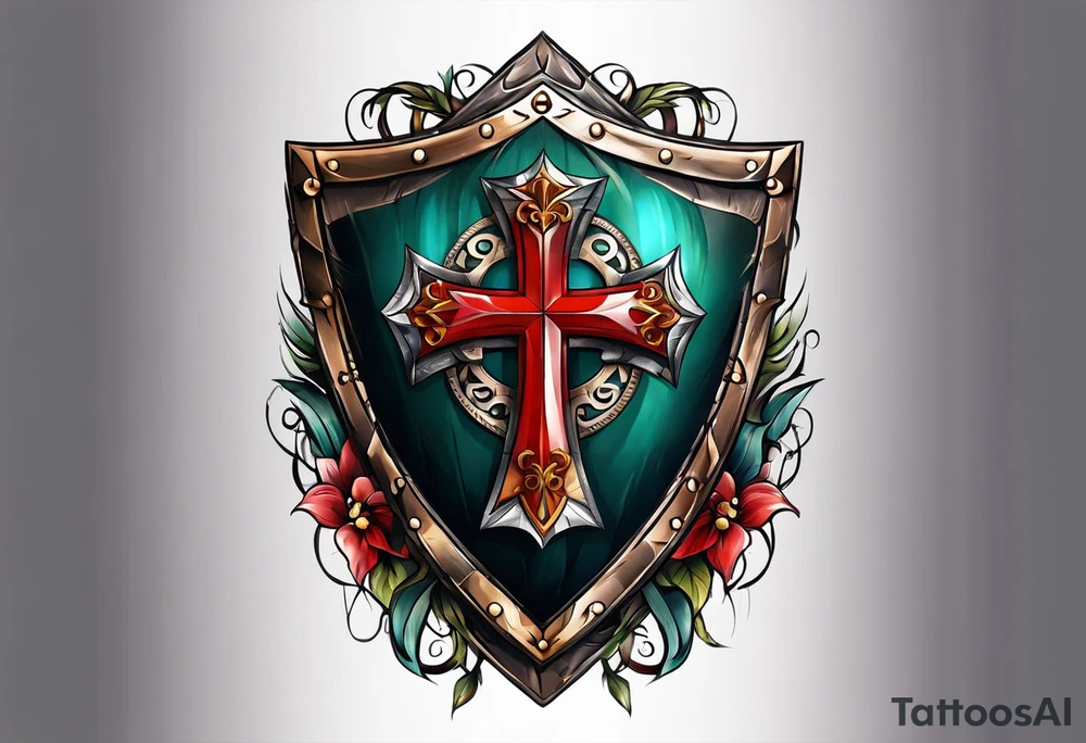 shield with the cross of Christ tattoo idea