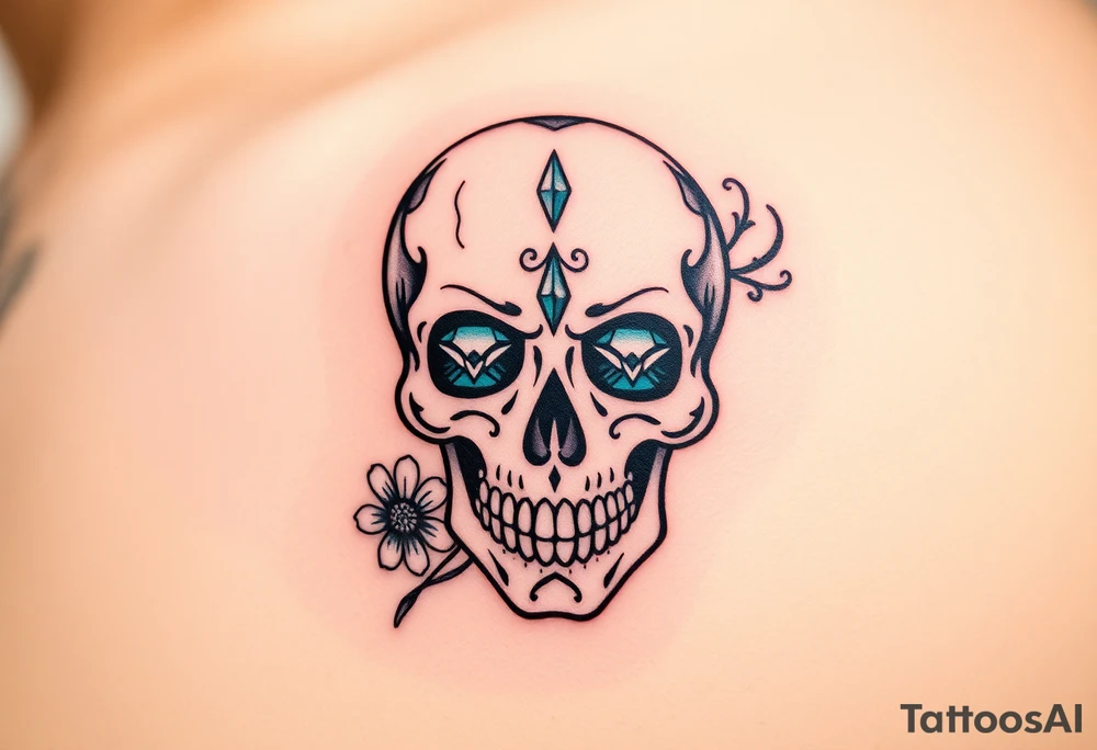 Masculine sugar skull with diamond gemstone eyes and daisy tattoo idea