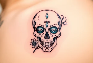 Masculine sugar skull with diamond gemstone eyes and daisy tattoo idea