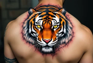 A mid-pounce tiger with piercing yellow eyes, fur detailed in deep orange, white, and jet black stripes include shadows as well tattoo idea