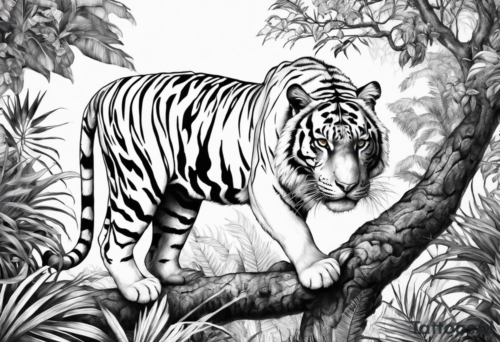 Calm strong tiger in the jungle, with jaguar in tree tattoo idea