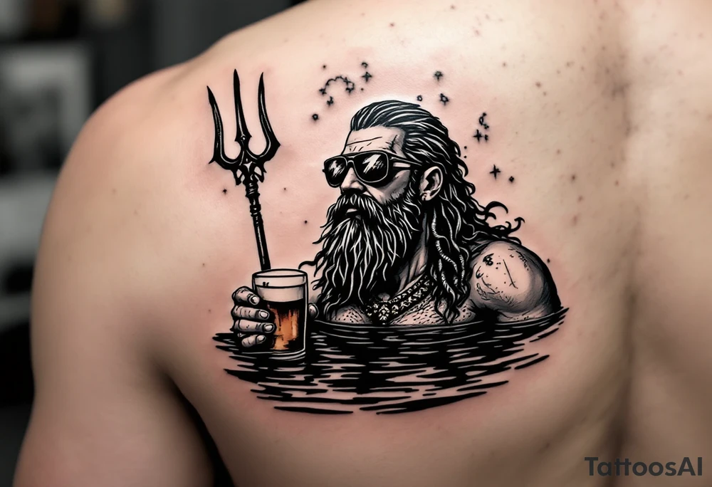 poseidon with trident half way in calm water with a beer and sunglasses tattoo idea