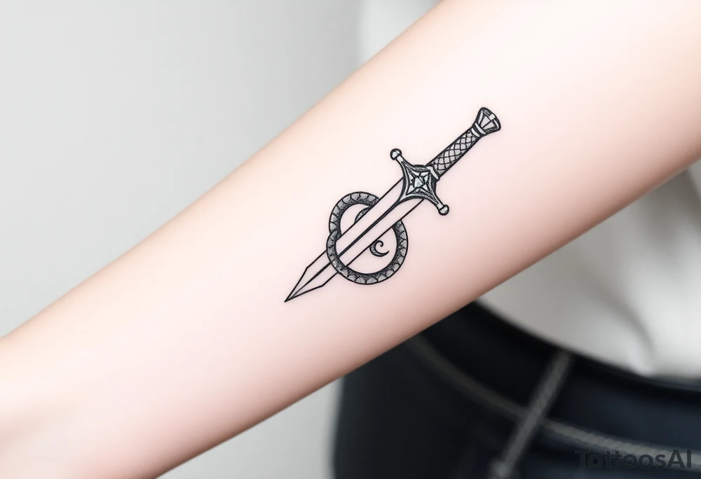 mystical snake coiled around an ancient dagger with jeweled hilt tattoo idea