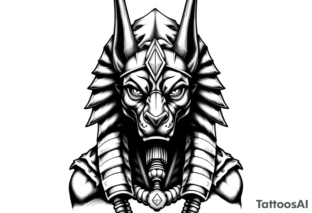 powerful majestic muscle anubis Egyptian god face without eyes with mantle on head tattoo idea