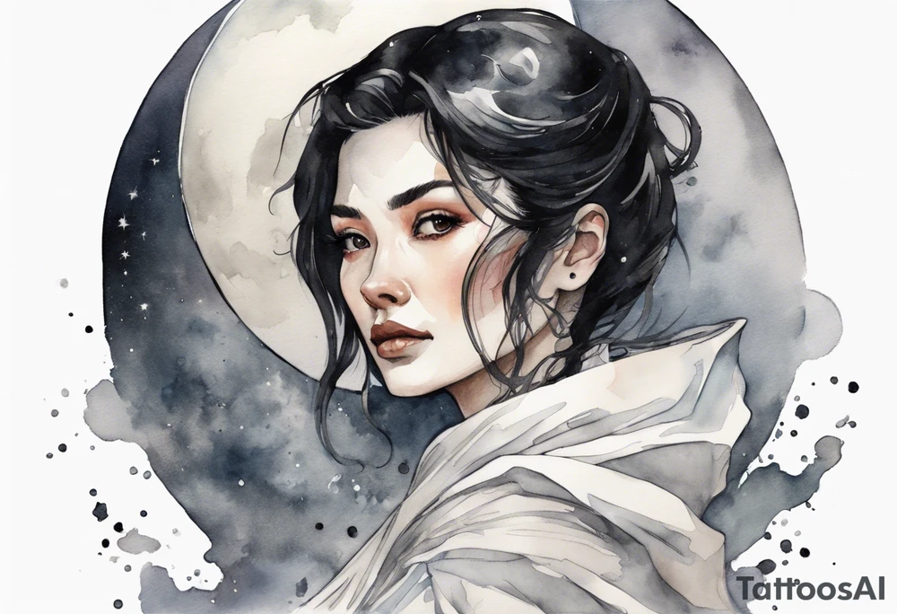 a middle aged woman with black hair with streak of white dressed in a black and silver cloak, standing on the moon tattoo idea