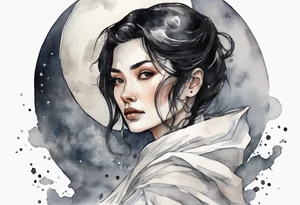 a middle aged woman with black hair with streak of white dressed in a black and silver cloak, standing on the moon tattoo idea