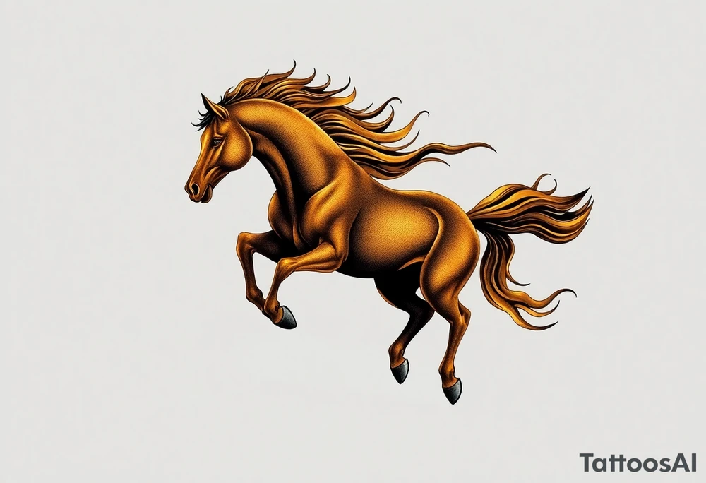 The tattoo represents a supernatural encounter with a golden horse with jet-black fur in the mountains of Choquequirao (Cusco, Peru). This mysterious, fleeting horse symbolizes strength, energy, and spiritual rebirth. It appeared at full speed, its hooves shaking the ground, its breath so powerful it drowned out all other sounds. The narrator felt no fear, only awe as the horse took a perfect curve, muscles tense, radiating power and grace. Its presence transformed the narrator, giving them the energy to complete an exhausting trek and leaving them with a profound connection to something greater. The tattoo aims to capture the essence of this moment: strength, speed, beauty, and the spirit of the mountain. For the design, consider drawing inspiration from Japanese tattoo art, known for its dynamic representation of animals like koi fish and dragons, emphasizing fluidity, movement, and symbolic power. tattoo idea