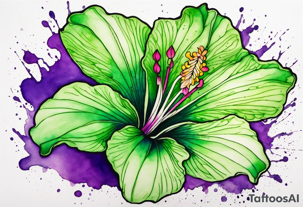 An outline of an only green rio dipladenia flower and a green/purple watercolor splash in the background tattoo idea