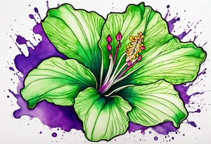 An outline of an only green rio dipladenia flower and a green/purple watercolor splash in the background tattoo idea
