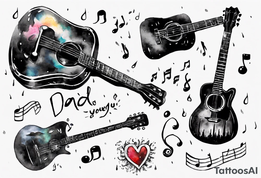 Music, guitar, harmonica, Dad, thunder and rain, love miss you tattoo idea