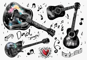 Music, guitar, harmonica, Dad, thunder and rain, love miss you tattoo idea