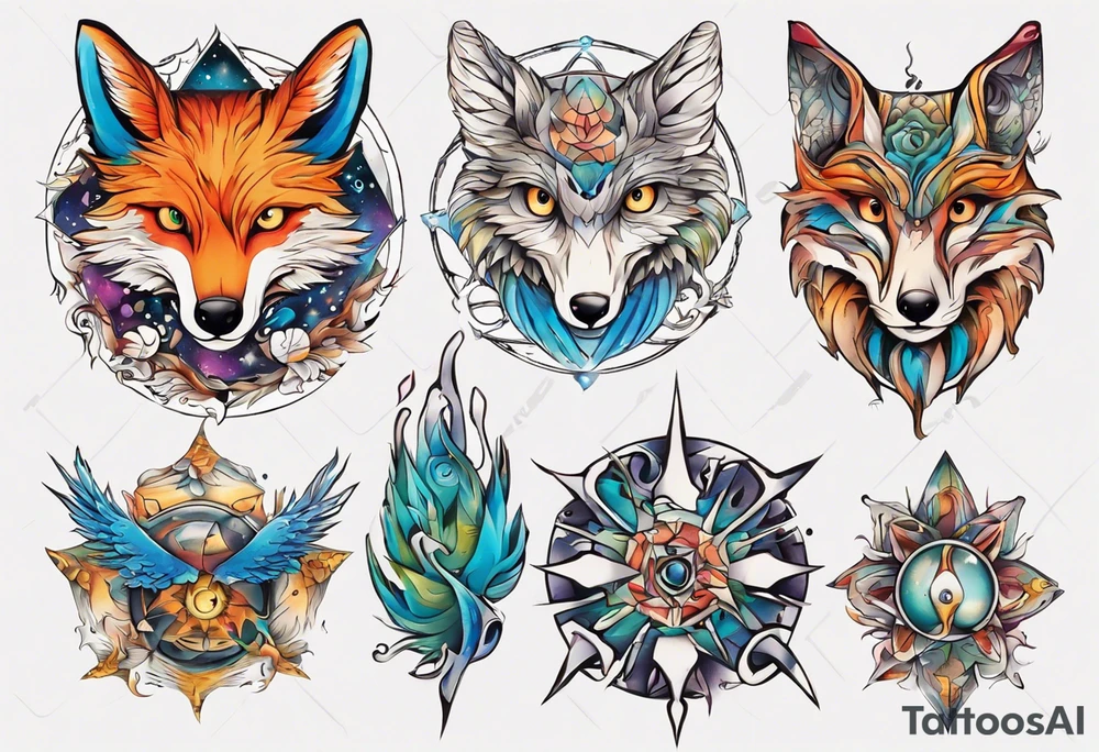 fisch, fuchs und eule , symetrie universum, bunt tattoo idea