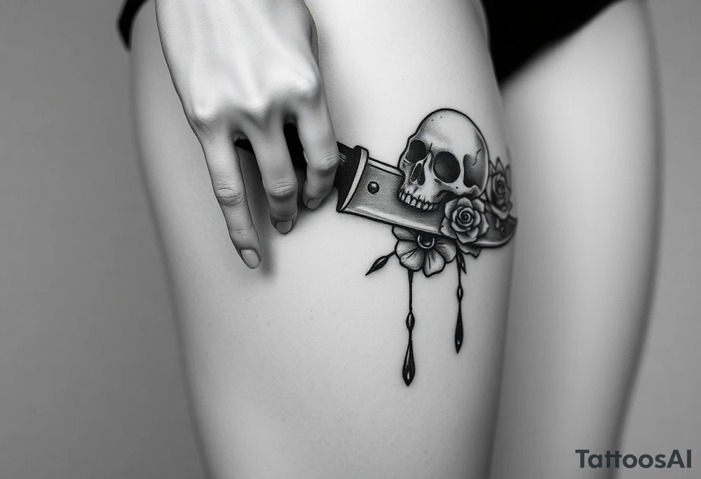 en el caos encontré mi forma favorita 
de amarte somos veneno y promesa.  Add around 

Woman’s hand reaching down grabbing blade handle, skeleton head on right under blade, rise on right under blade, blood dry from tip of blade, skeleton hand reaching for Blade tip. Just the hand and place above blade handle reaching for handle. Skull and rose underneath blade. Just the skeleton hand reaching for tip of knife which is dripping blood. tattoo idea