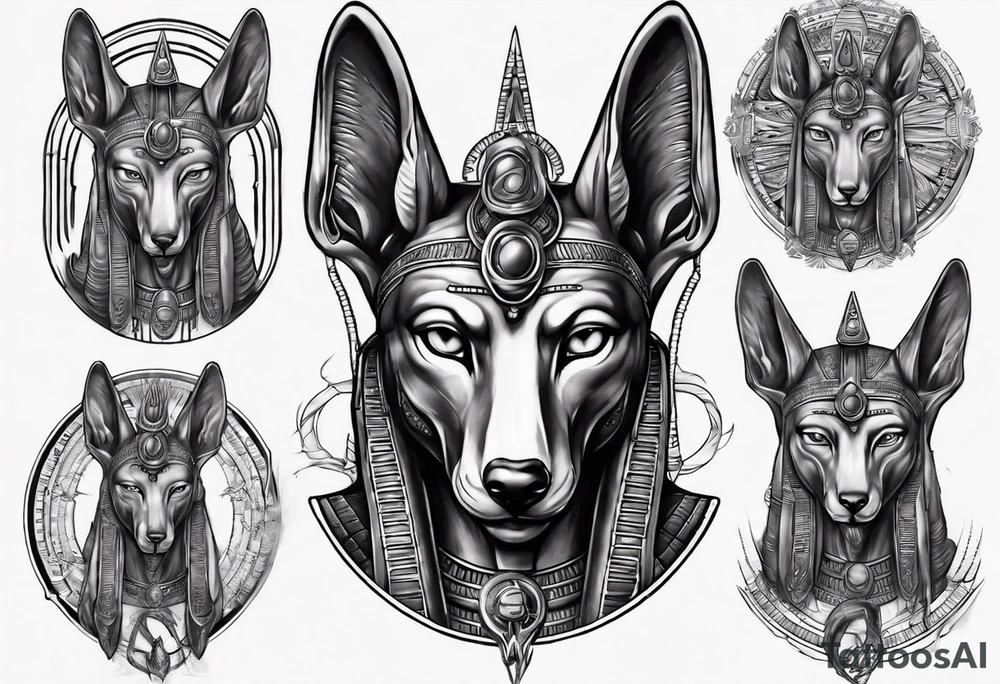 Anubis with some Egyptian mythology background that is 20 cm in length and 10 - 12 cm wide tattoo idea