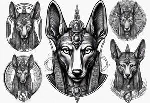 Anubis with some Egyptian mythology background that is 20 cm in length and 10 - 12 cm wide tattoo idea