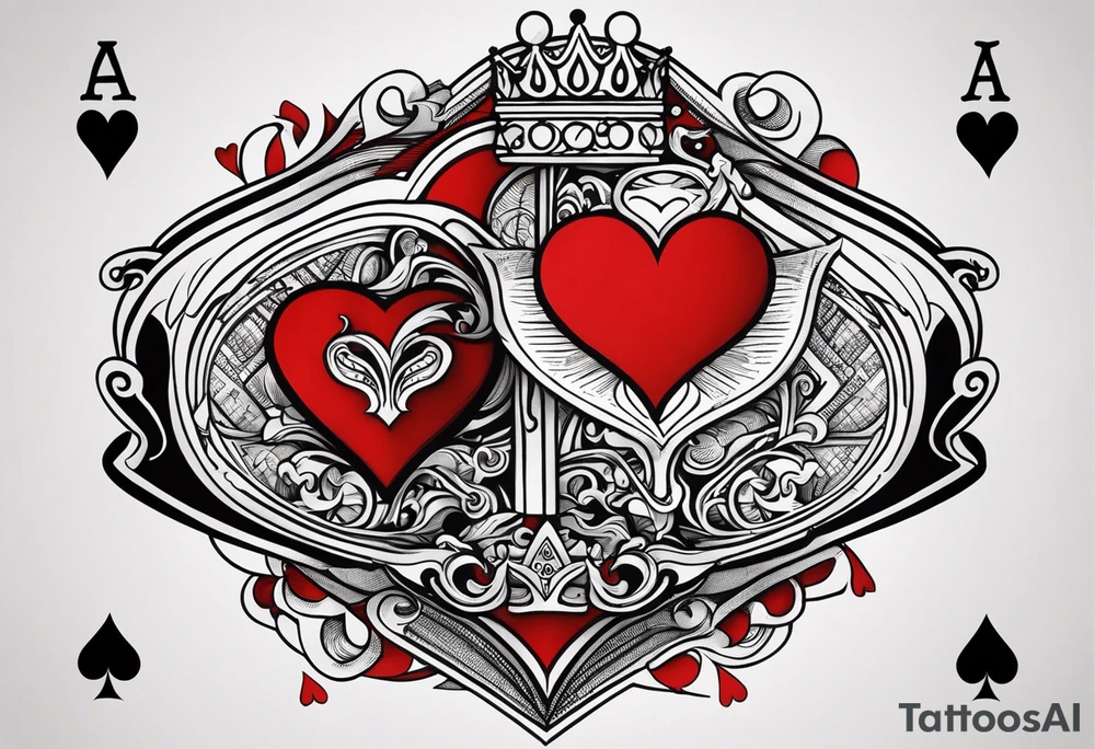 one playing card with both queen of hearts and king of spades incorporated in extreme minimalistic  style tattoo idea