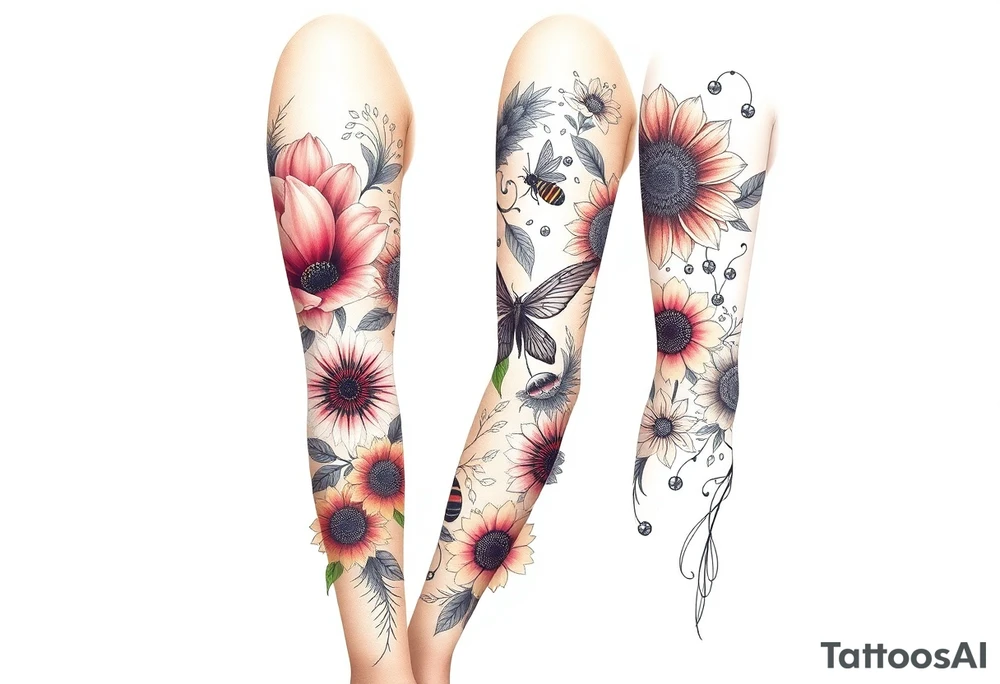 Create a design full sleeve arm tattoo with Tulip 
Sunflower 
Roses 
Bee 
Water 
Fire 
Earth 
Wind 
Phoenix 
Evil eye 
888 tattoo idea