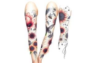 Create a design full sleeve arm tattoo with Tulip 
Sunflower 
Roses 
Bee 
Water 
Fire 
Earth 
Wind 
Phoenix 
Evil eye 
888 tattoo idea