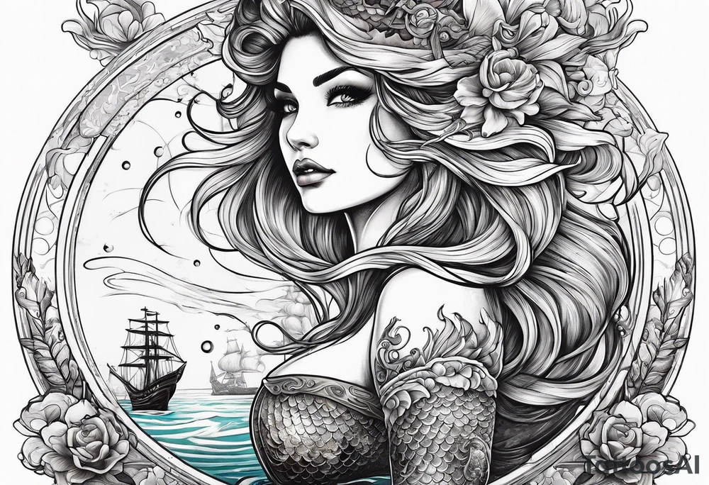 mermaid with galleon ship tattoo idea