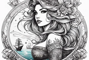 mermaid with galleon ship tattoo idea