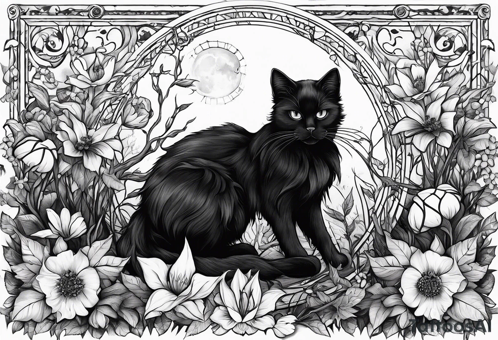 Ethereal witchy garden black cat spider black wudow tattoo idea