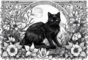 Ethereal witchy garden black cat spider black wudow tattoo idea