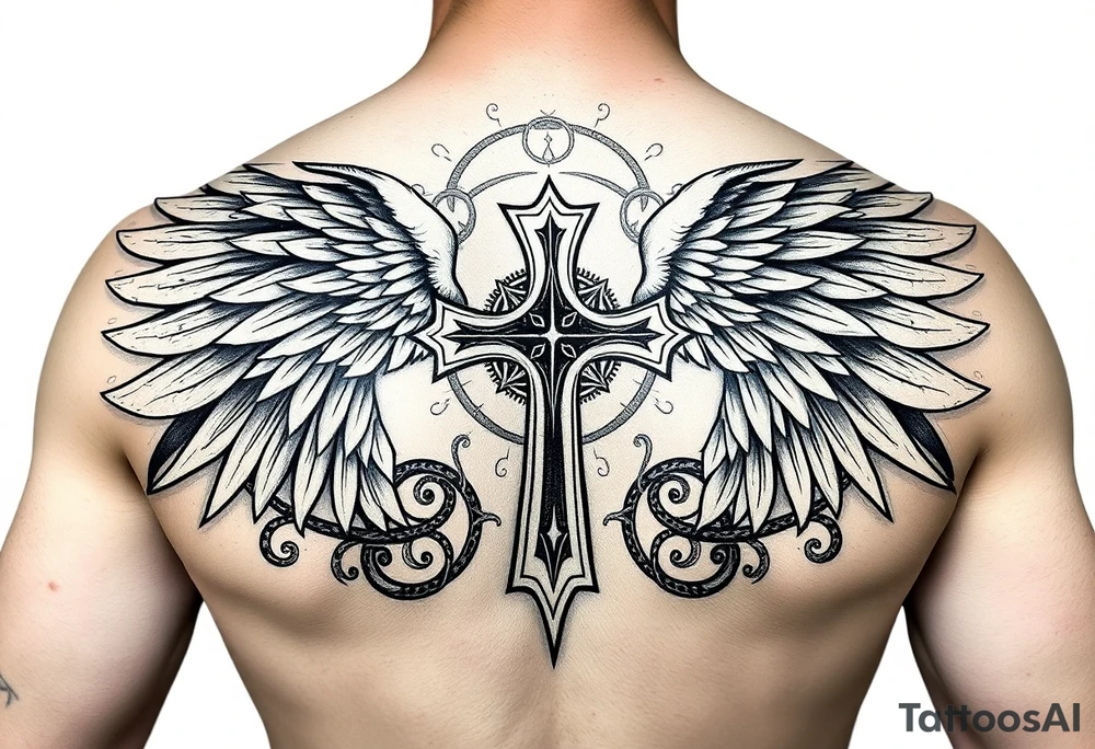 templar cross with angel wings mystical esoteric background on upper arm with tribal surround tattoo idea