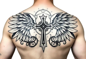 templar cross with angel wings mystical esoteric background on upper arm with tribal surround tattoo idea