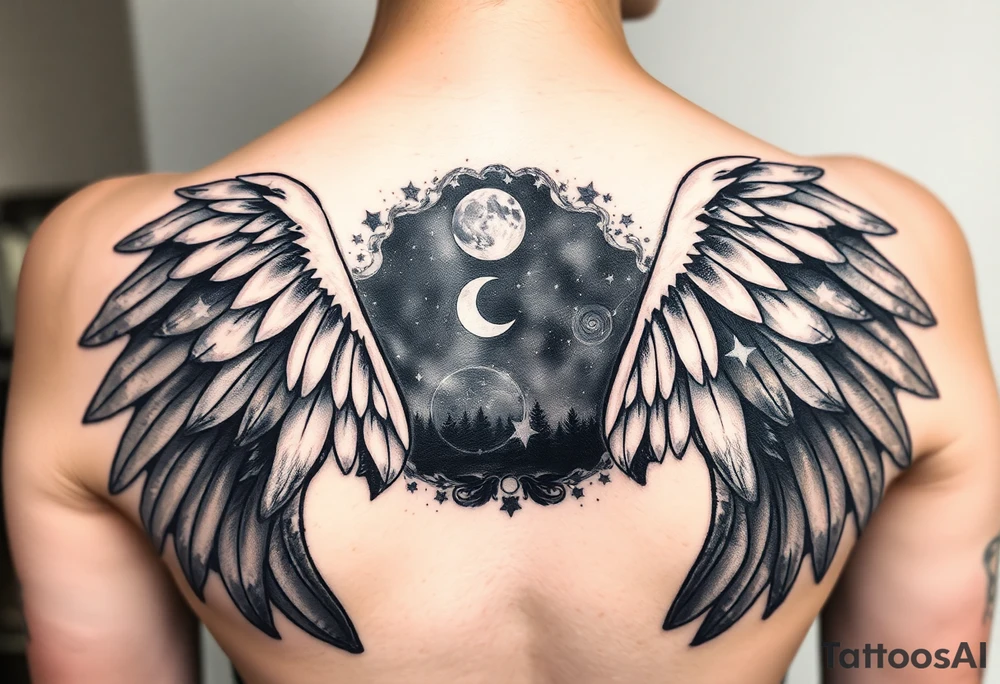 Night sky with constellation, stars & moon seen from a frame of natural landscape angel wings tattoo idea