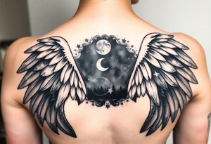 Night sky with constellation, stars  & moon seen from a frame of natural landscape angel wings tattoo idea