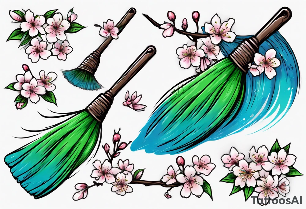 blue and green broom with cherry blossoms tattoo idea