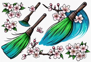 blue and green broom with cherry blossoms tattoo idea