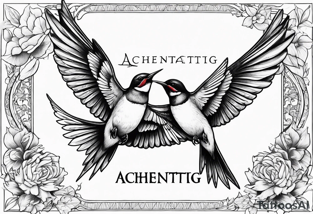 Two flying swallows with the word achentachetig tattoo idea