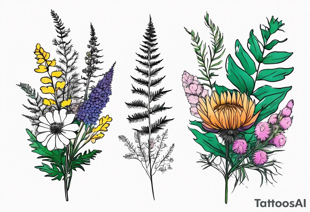 small vertical mixed wildflower bouquet with ferns, thistle and with color tattoo idea