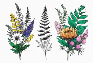 small vertical mixed wildflower bouquet with ferns, thistle and with color tattoo idea